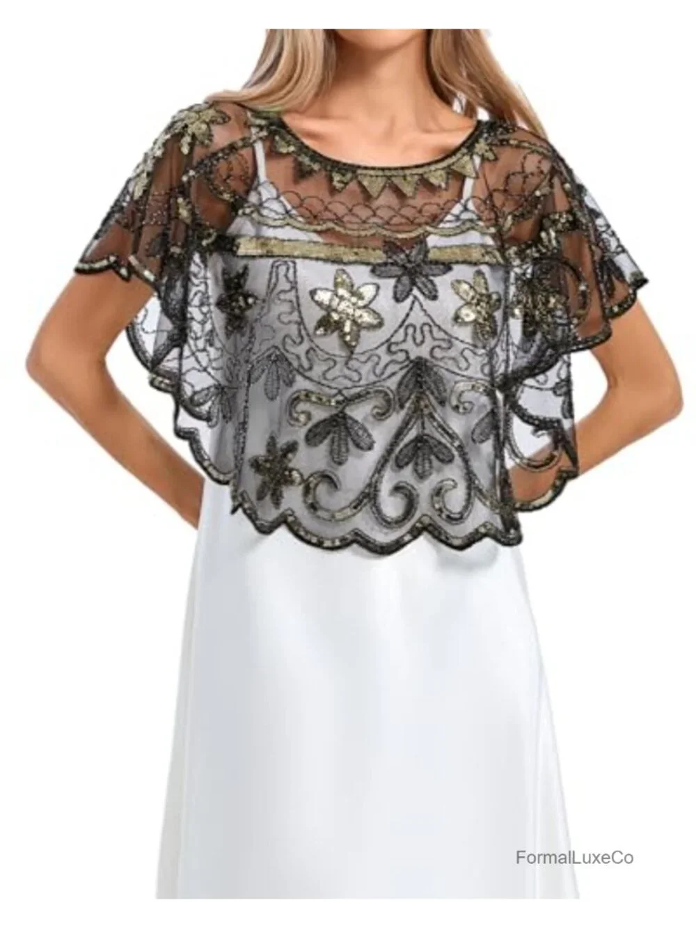 Sequin Embellished Fringe Capelet Shawl Gatsby Party Wrap